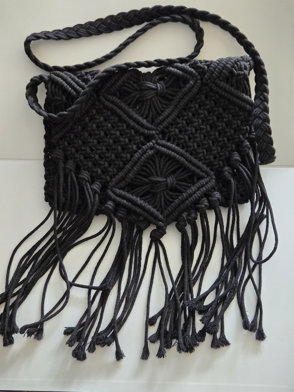 Mossimo supply co. Y2K Black macramé Crossbody bag fringe BoHo hippie Woodstock